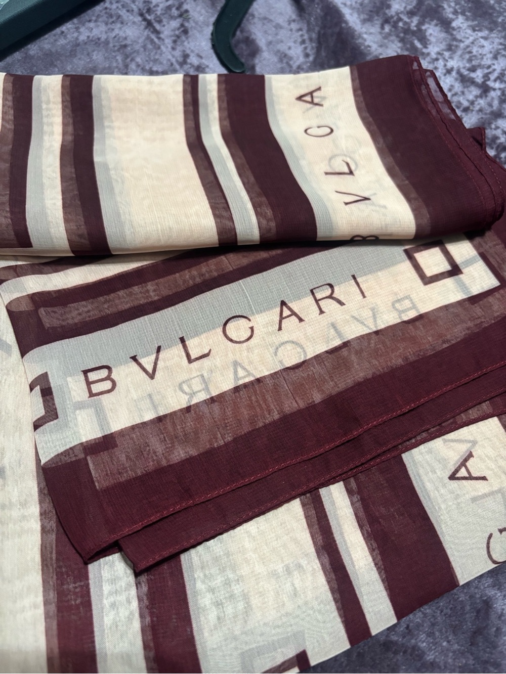 Bulgari Burgundy and Cream Striped Logo Silk Scarf